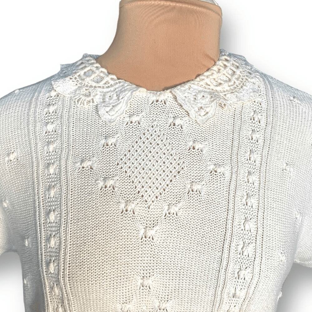 Vintage Cream Knit Sweater Peter Pan Collar Cottagecore Lace Trim Romantic Boho